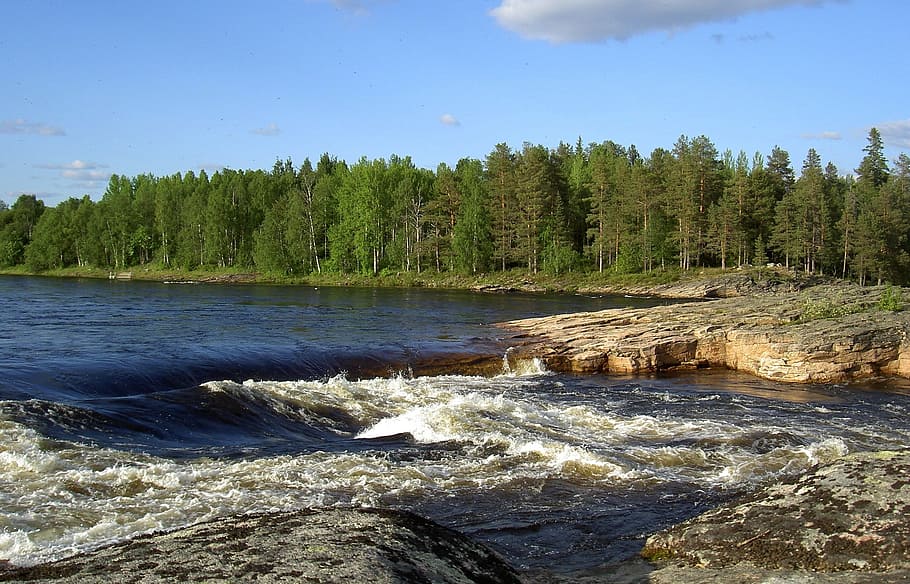Sweden, Scenic, Clouds, Forest, sky, trees, woods, cascade HD wallpaper