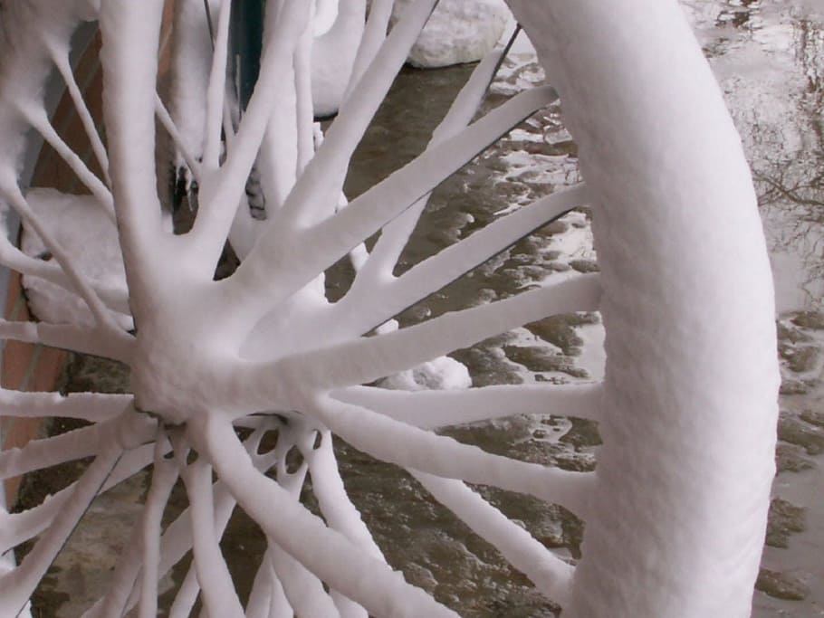 bicycle, tire, spokes, snow, covered, winter, nature, plant HD wallpaper