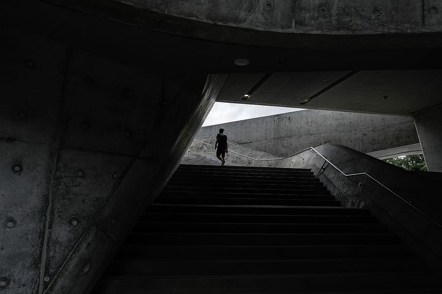 person on stair, concrete, steps, stairs, light, man, male HD wallpaper