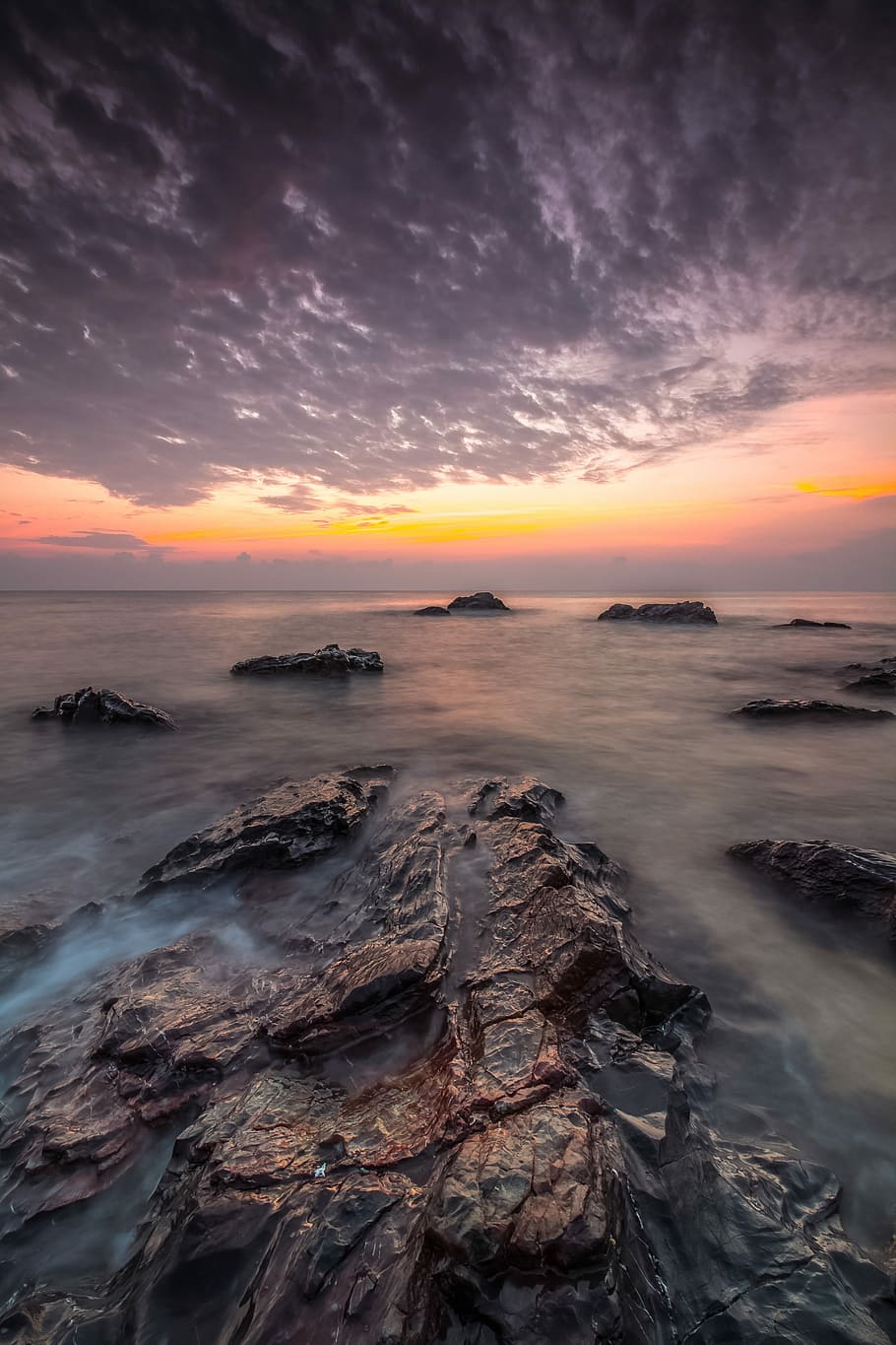 rock formation on body of water, sunset, nature, panoramic HD wallpaper