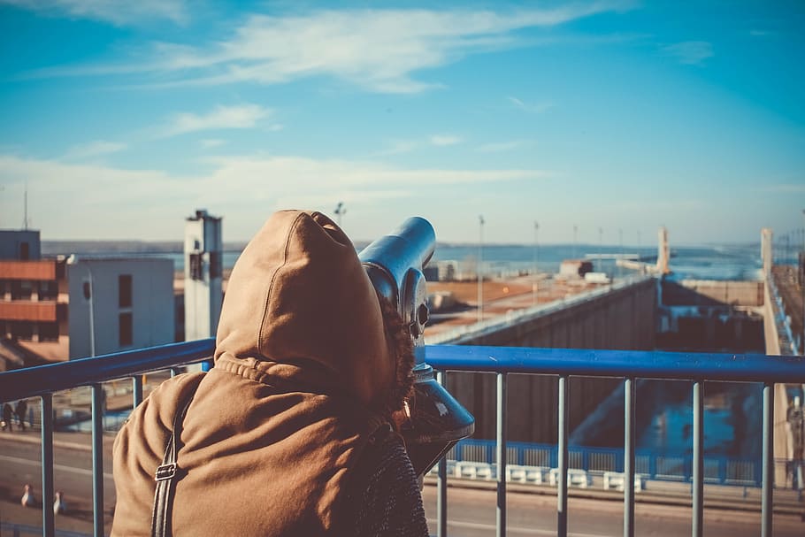 person using tower viewer, telescope, looking, travel, sky HD wallpaper