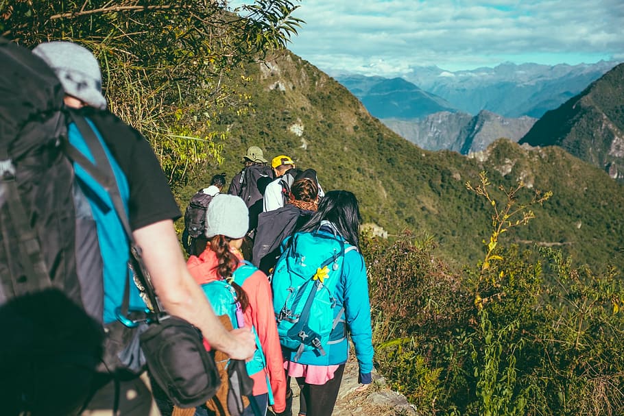 people trekking on mountain during daytime, adventure, clouds HD wallpaper