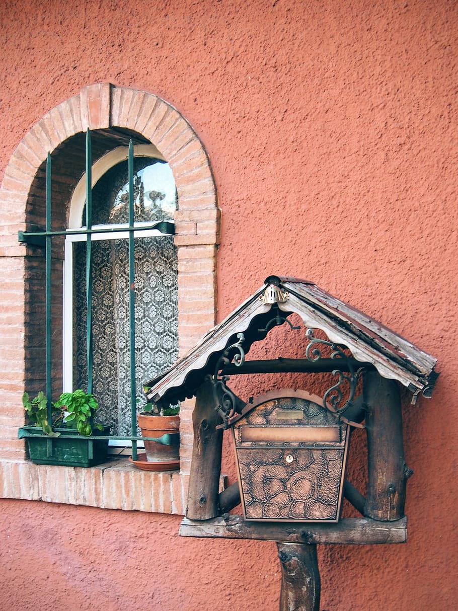 mailbox, window, red, pots, glass, built structure, architecture HD wallpaper
