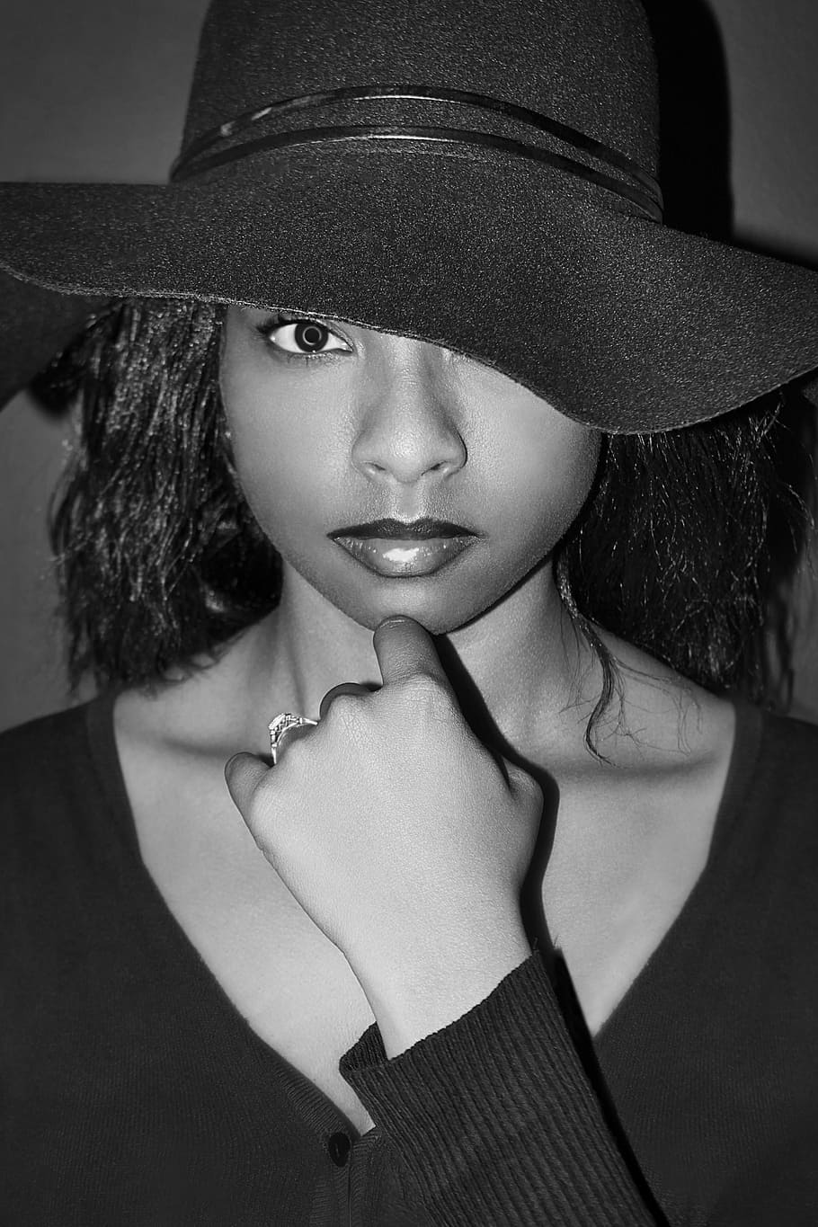 Hd Wallpaper Woman Wearing Hat And V Neck Shirt Grayscale Photo Grayscale Photography Of Woman