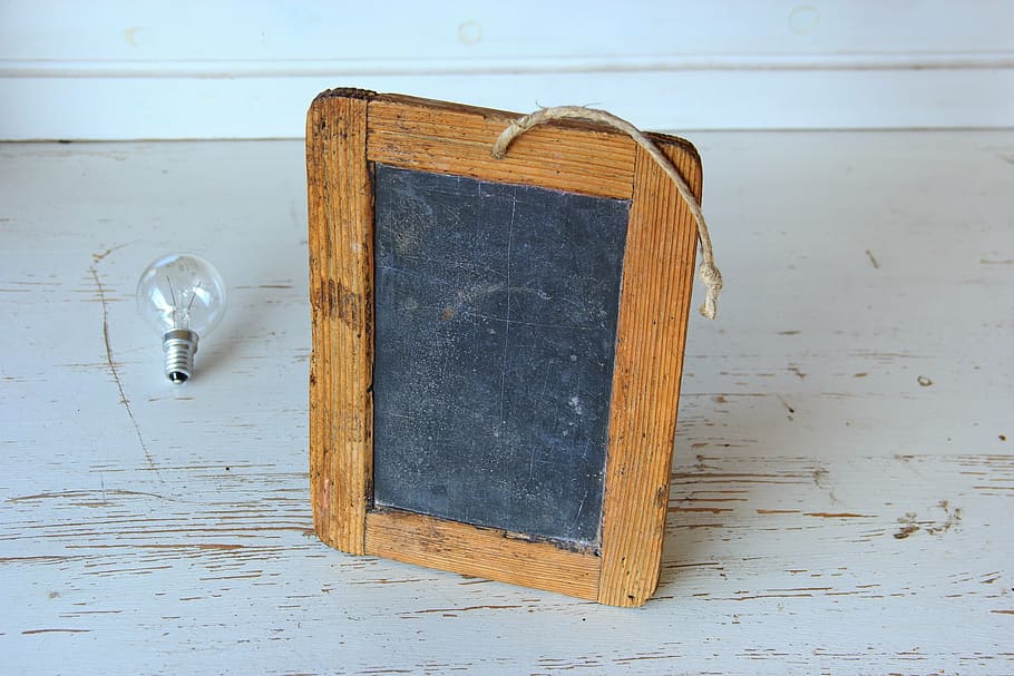 rectangular brown wooden framed chalkboard, school, old, plate