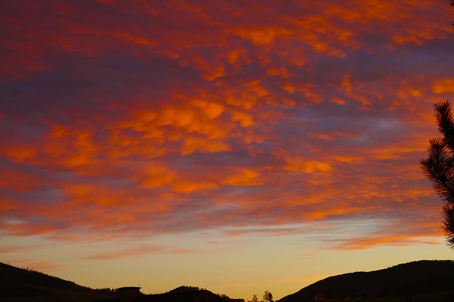 sky, red, mountain, clouds, sunset, red sky, mood, glow, morgenstimmung HD wallpaper