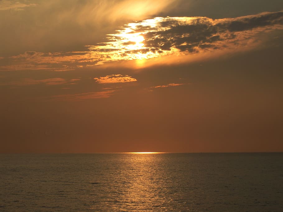 sunset, clouds, sea, water, light, ocean, sky, dusk, nature HD wallpaper
