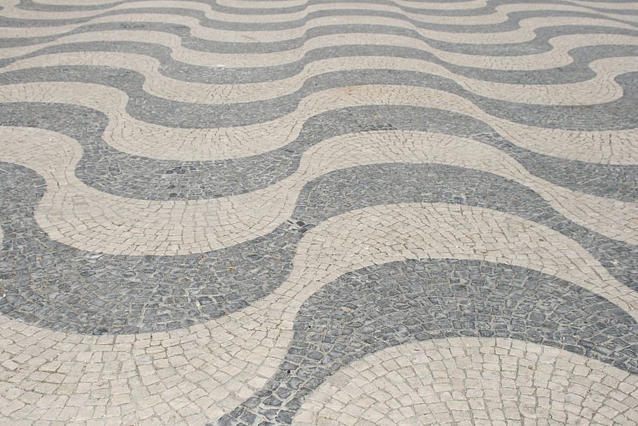 gray and beige mosaic pavement, Low, Lisbon, Portugal, full frame