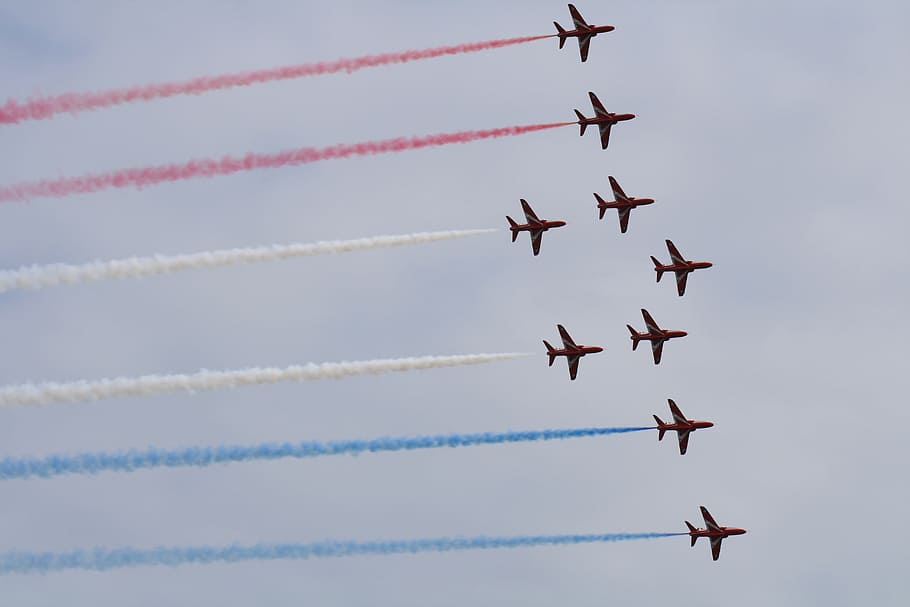 Red Arrows, Red, Arrows, Plane, Airshow, air display, aeroplanes HD wallpaper