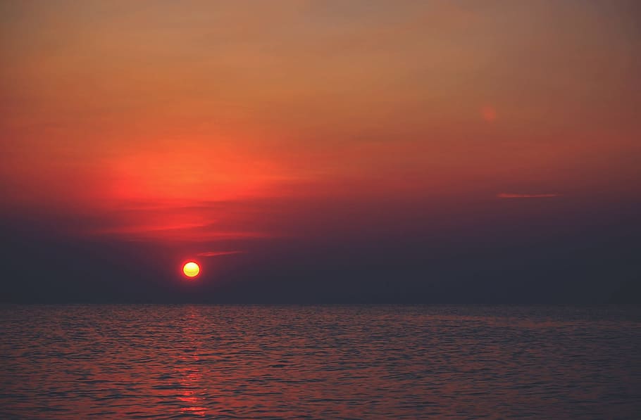 sunset, red, ocean, dark, orange, nature, color, sunlight, evening HD wallpaper