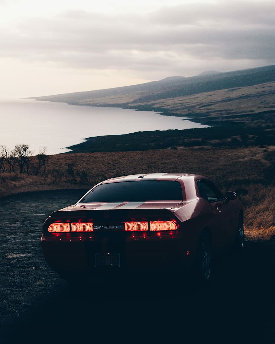 Dodge Challenger in hawaii, red and white Ford Mustang coupe parked on dirt road, HD wallpaper