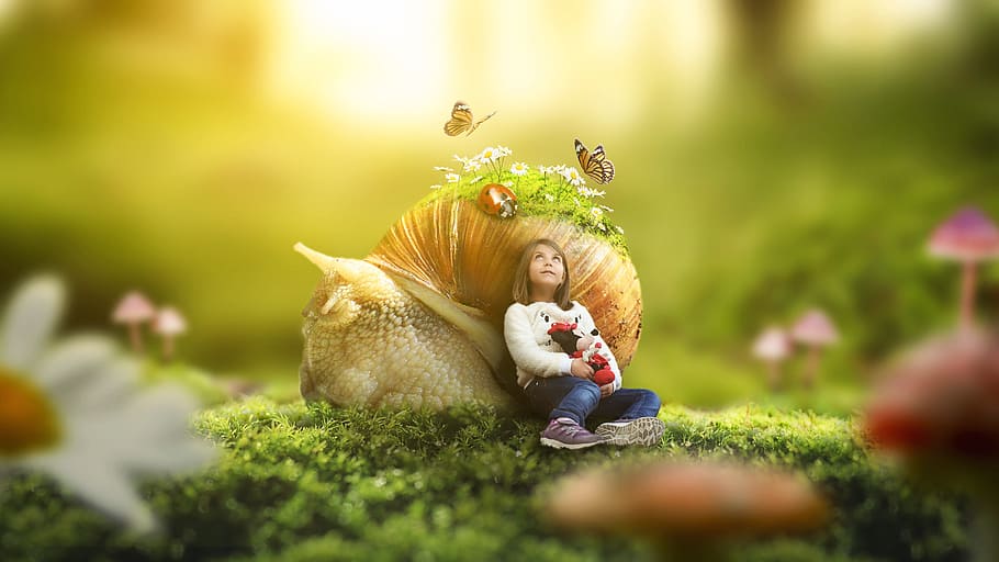 macro photography of girl lying on snail, nature, outdoors, little