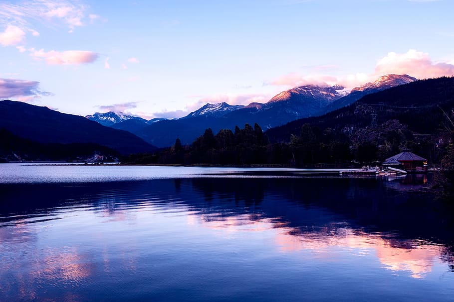 Mountains, Clouds, Sunset, Dusk, sky, water, lake, river, reflections HD wallpaper