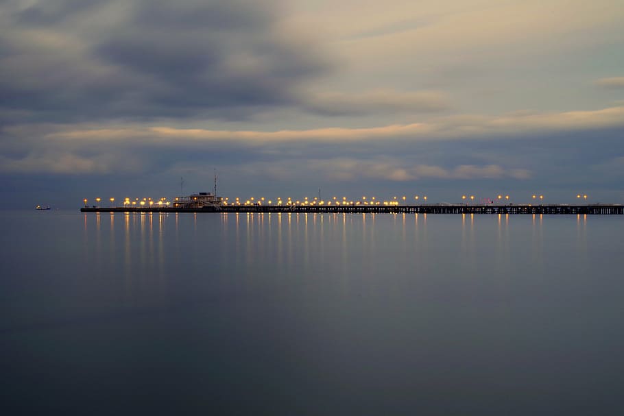 the pier, sopot, light, night, evening, sea, water, clouds HD wallpaper