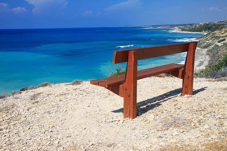 brown wooden bench at cliff, blue, coast, landscape, nature HD wallpaper