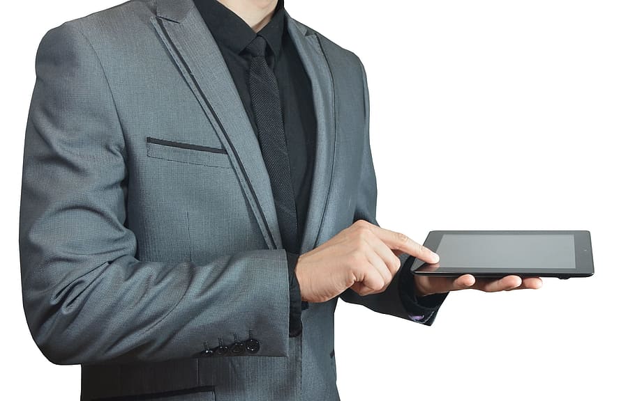 person touching black iPad, business, wireless, isolated, laptop