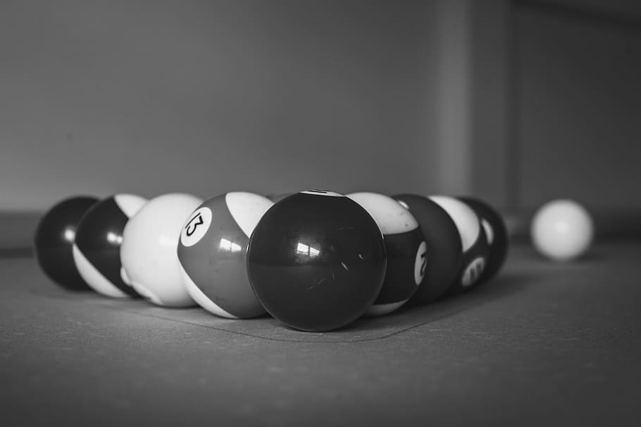 Greyscale Photo of Billiard Balls, billiard table, black-and-white, HD wallpaper