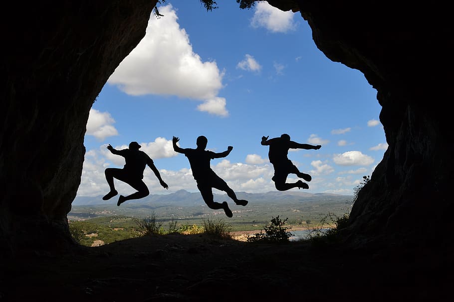 silhouette photo of three person hopping, shadow, jump, friendship HD wallpaper