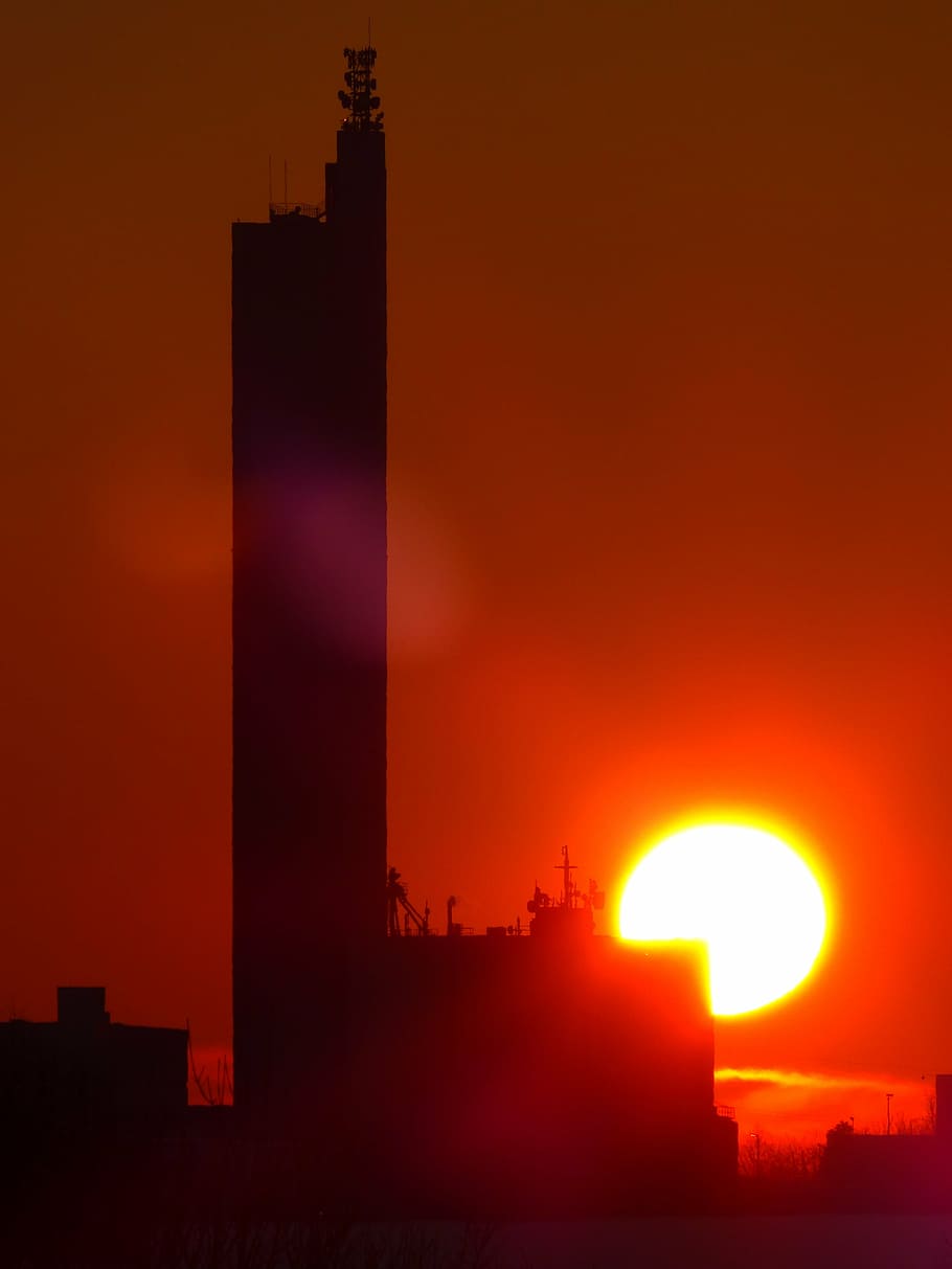 sun, fireball, sunset, afterglow, abendstimmung, grain silo HD wallpaper