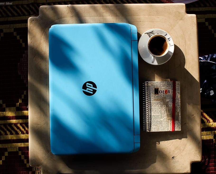 Blue Hp Laptop Near Notebook, beverage, breakfast, business, caffeine, HD wallpaper