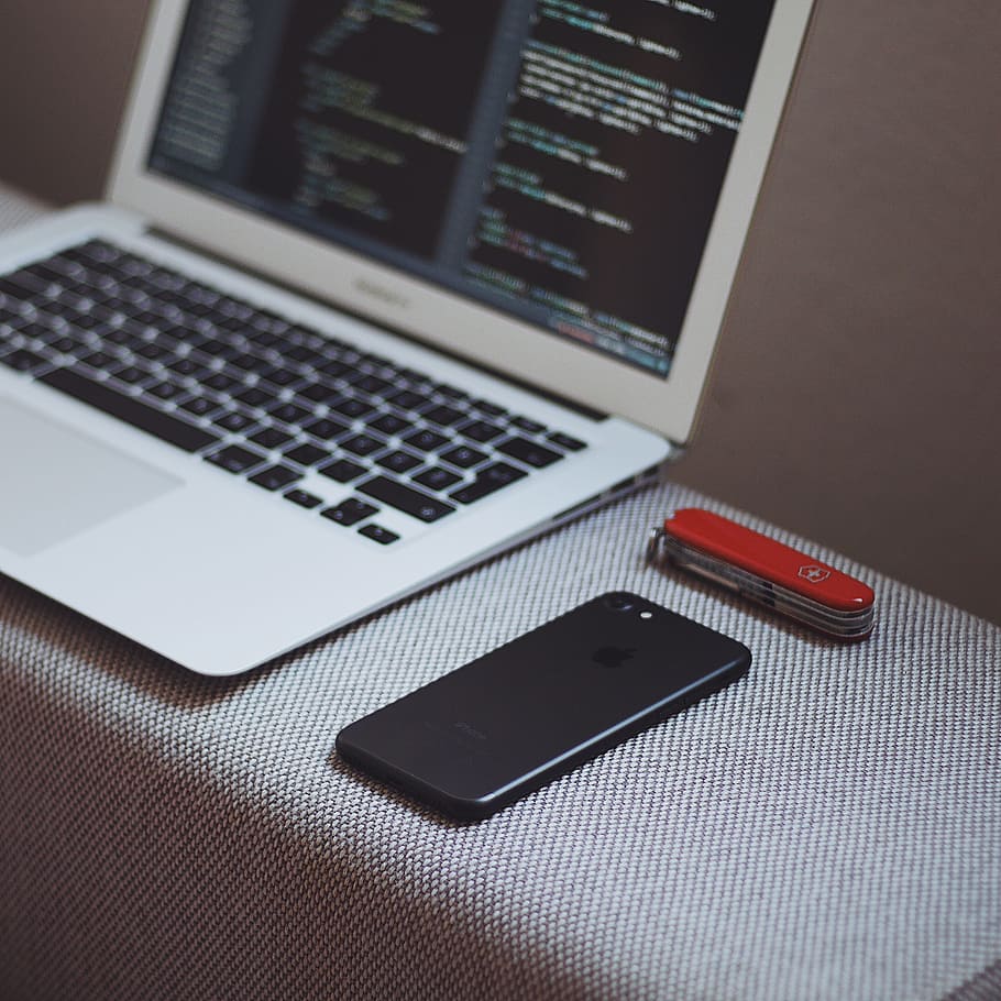 white laptop computer, black iPhone 7 beside MacBook Air, Gear HD wallpaper