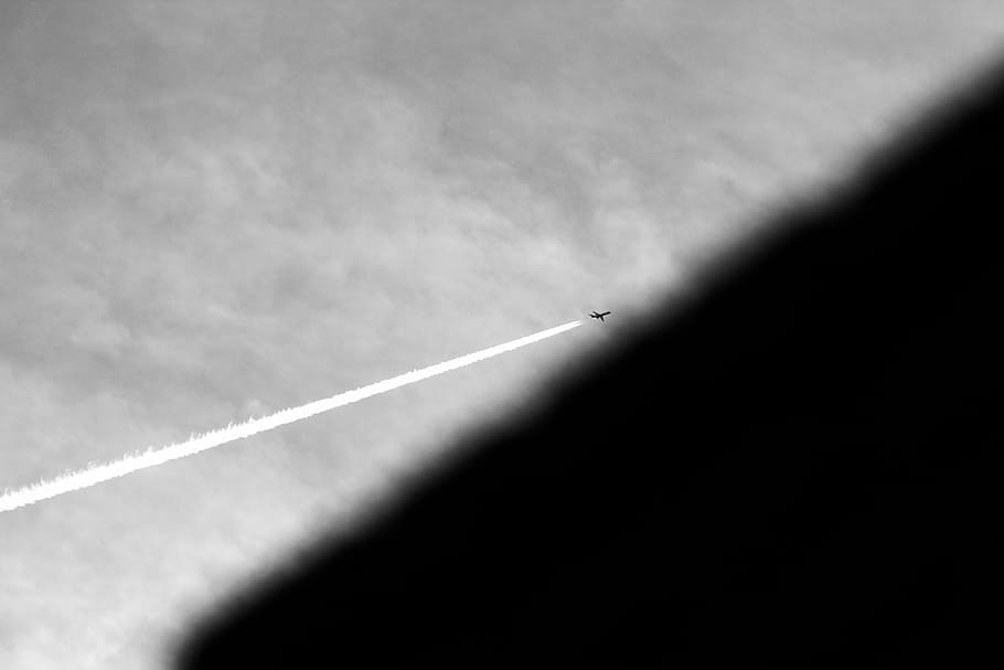 Against the wind, untitled, plane, sky, clouds, trail, lines, HD wallpaper