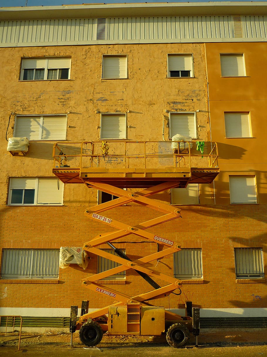 platform, forklift, scissor, facade, fix, reform, work, machinery HD wallpaper