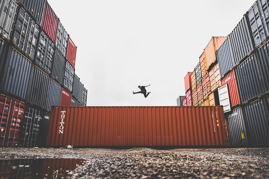 Man Jump Container Docks, people, freight Transportation, cargo Container HD wallpaper