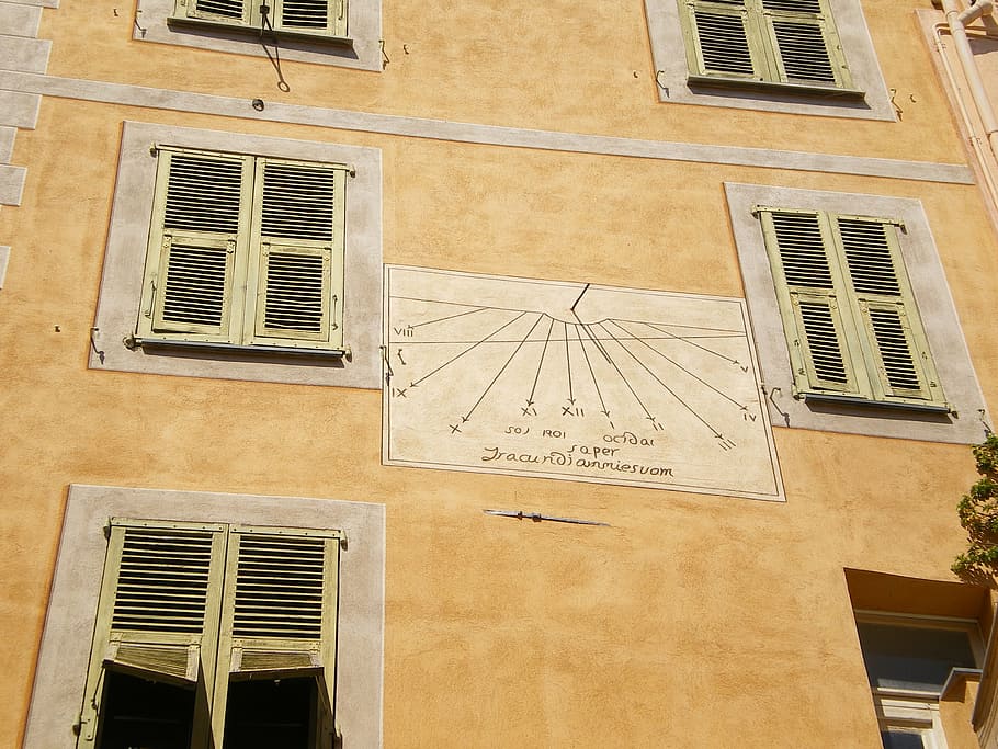 roquebrune, facade, sundial, time, solar, decor urban façade HD wallpaper