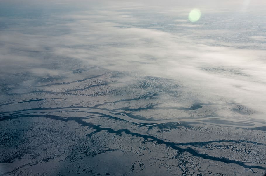 frozen water aerial photography, aerial view, cracks, cloud HD wallpaper
