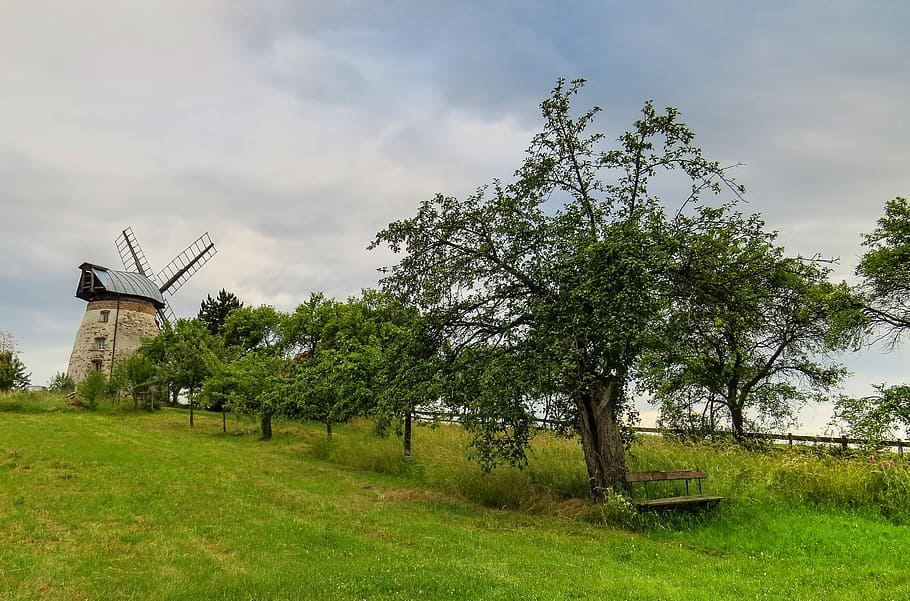 Windmill, Old, Antique, Nostalgia, tree, bank, bench, wooden bench HD wallpaper