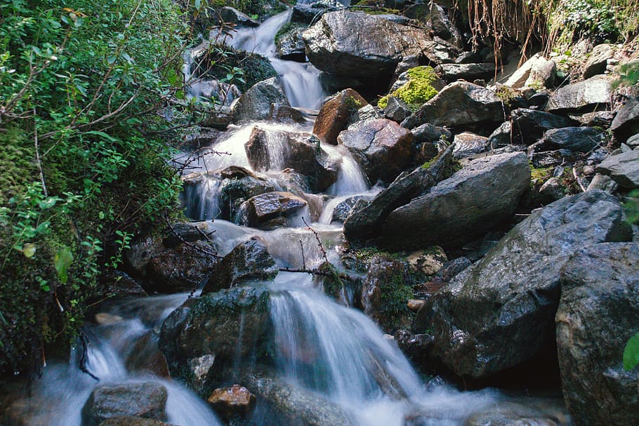 mountain, alpine, mountain stream, rock, stones, long exposure HD wallpaper