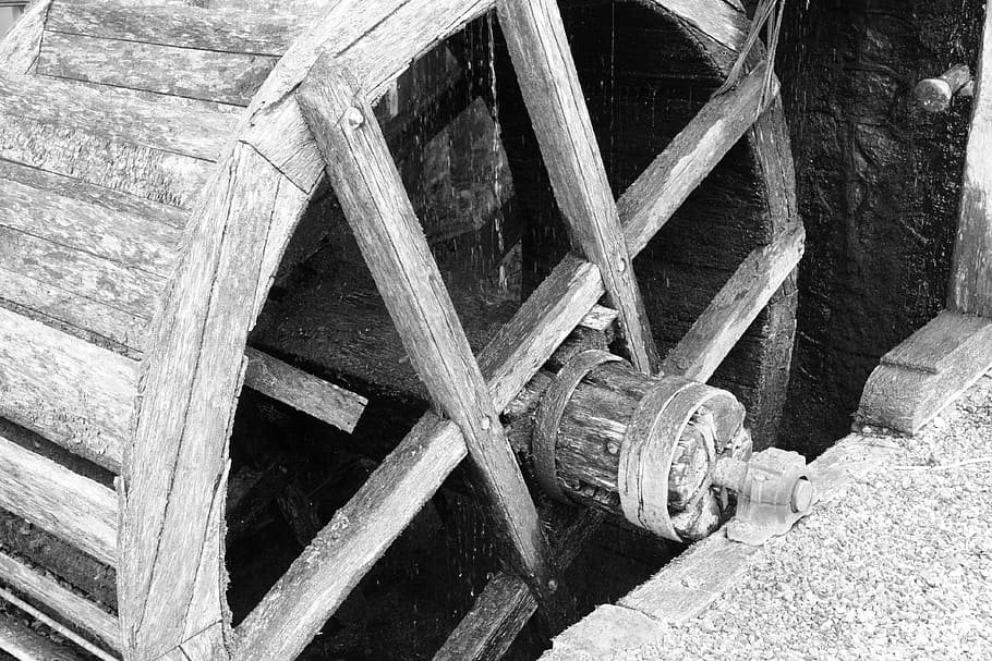 mill, mill wheel, old, worn, black and white, water mill, wood - material HD wallpaper
