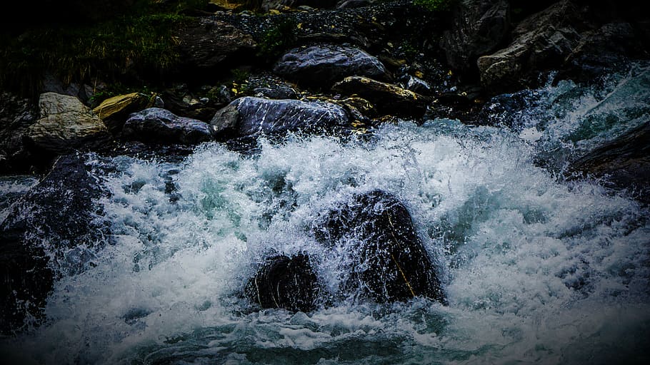 cold, flow, motion, nature, outdoors, rapids, river, rock, splash HD wallpaper