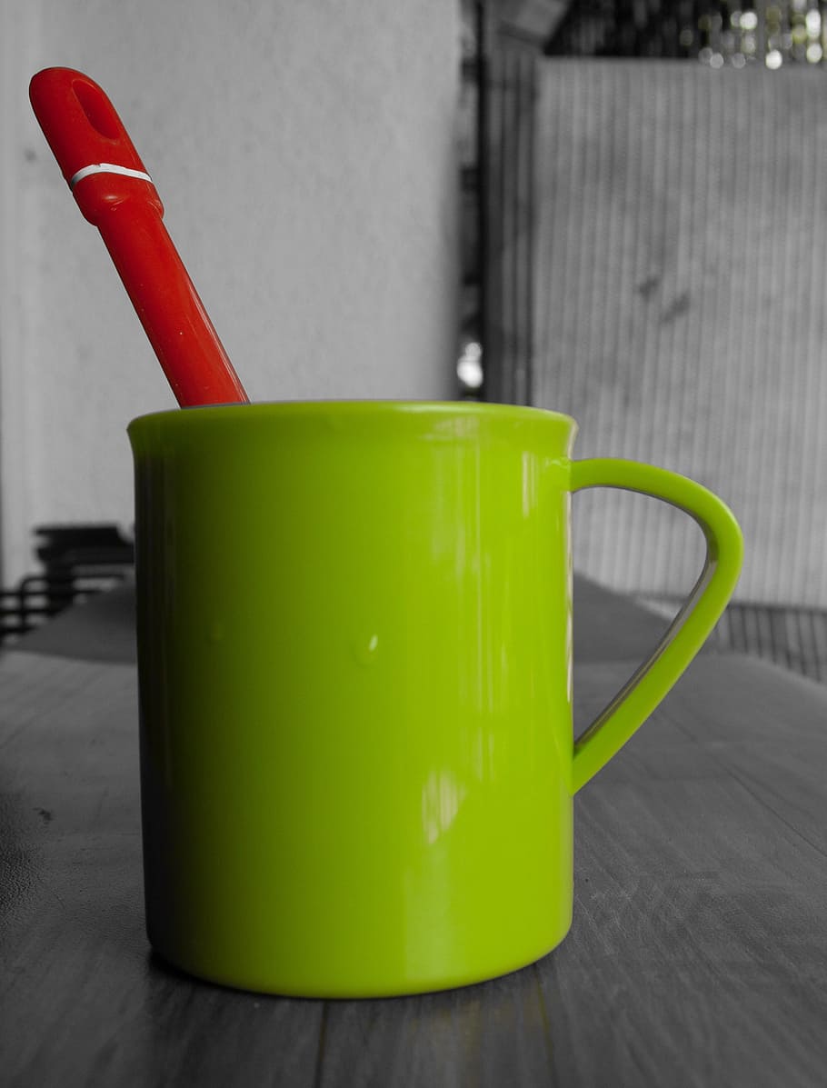 green, cup, spoon, red, table, still life, mug, food and drink HD wallpaper