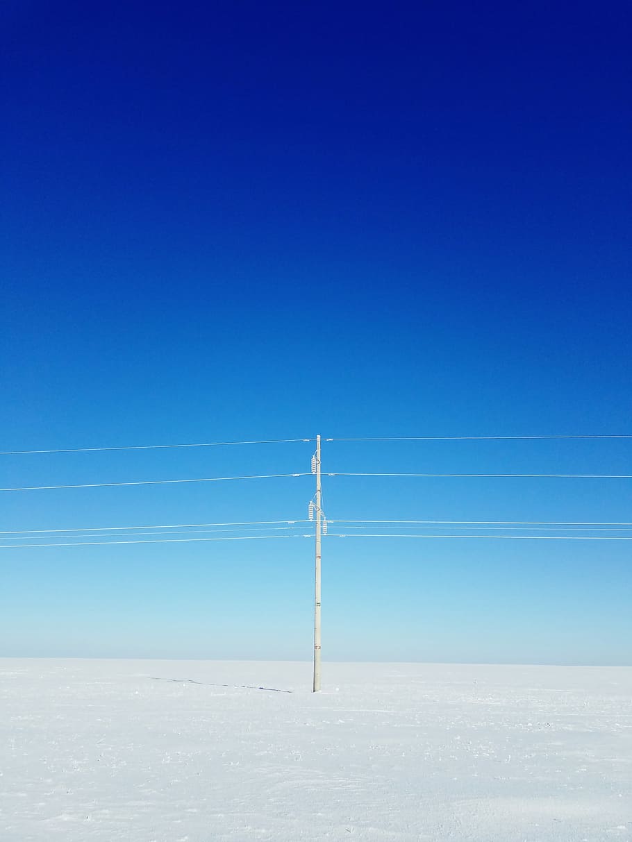 gray post, blue sky, pole, cables, wires, snow, beauty in nature HD wallpaper
