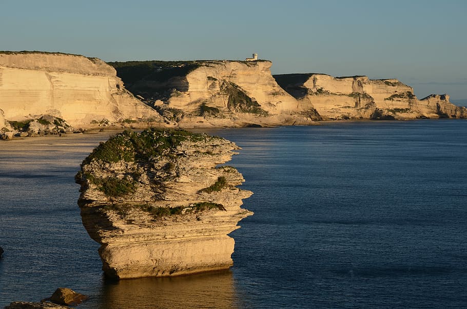 brown sea cliff on body of water, Bonifacio, Corsica, White Cliffs HD wallpaper