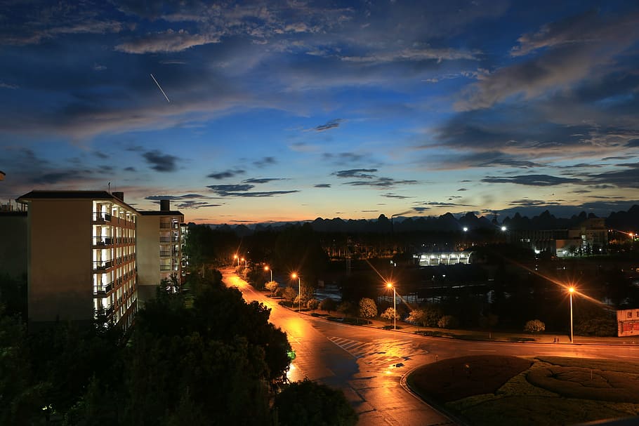 rain, sunset, dark clouds, street lights, cloud - sky, architecture HD wallpaper