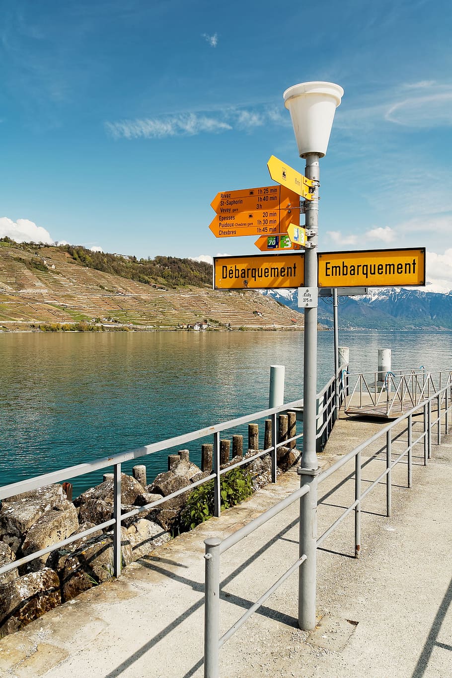 cully, jetty, geneva, lake, lac, leman, water, clouds, mountains HD wallpaper