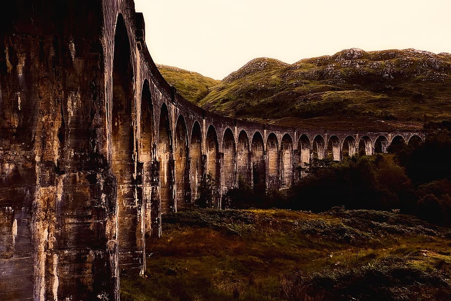 gray bridge beside mountain, viaduct, structure, landmark, historic HD wallpaper