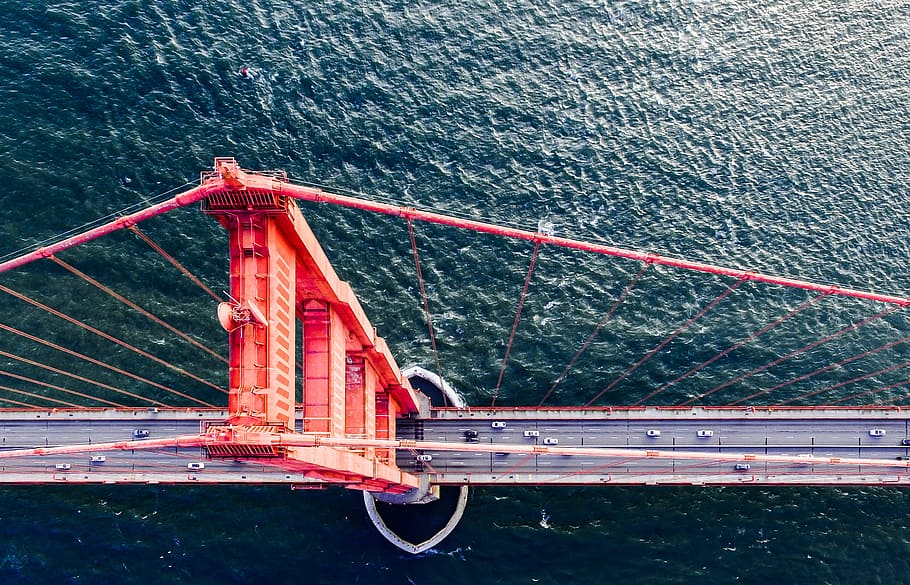 aerial view of Golden Gate Bridge, areal photography of red suspension bridge at daytime