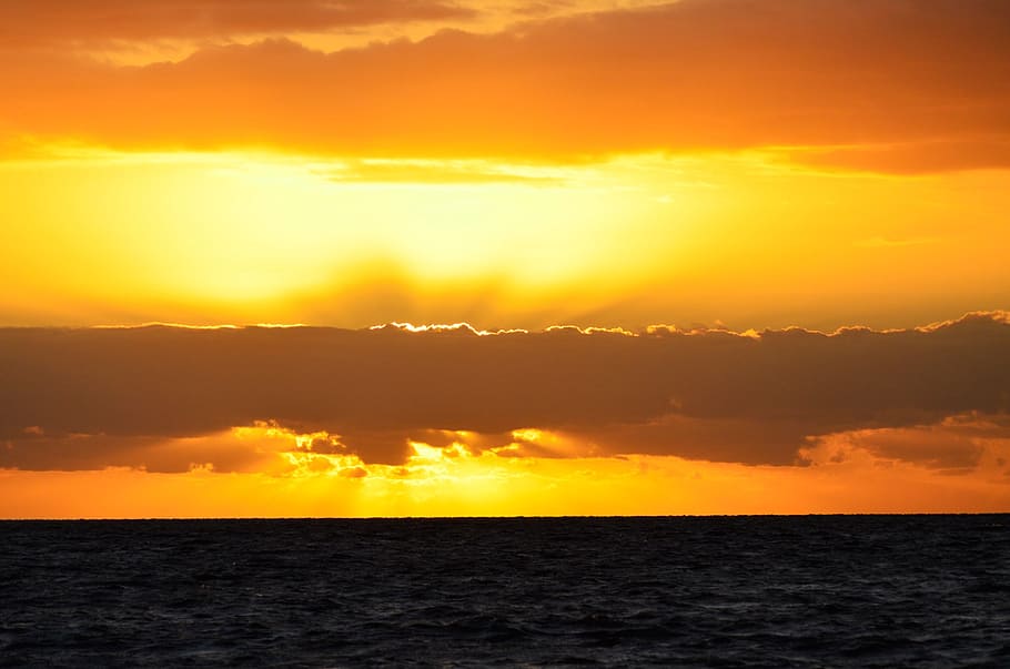 sunset, beach, clouds, sea, yellow, orange, water, sky, beauty in nature HD wallpaper