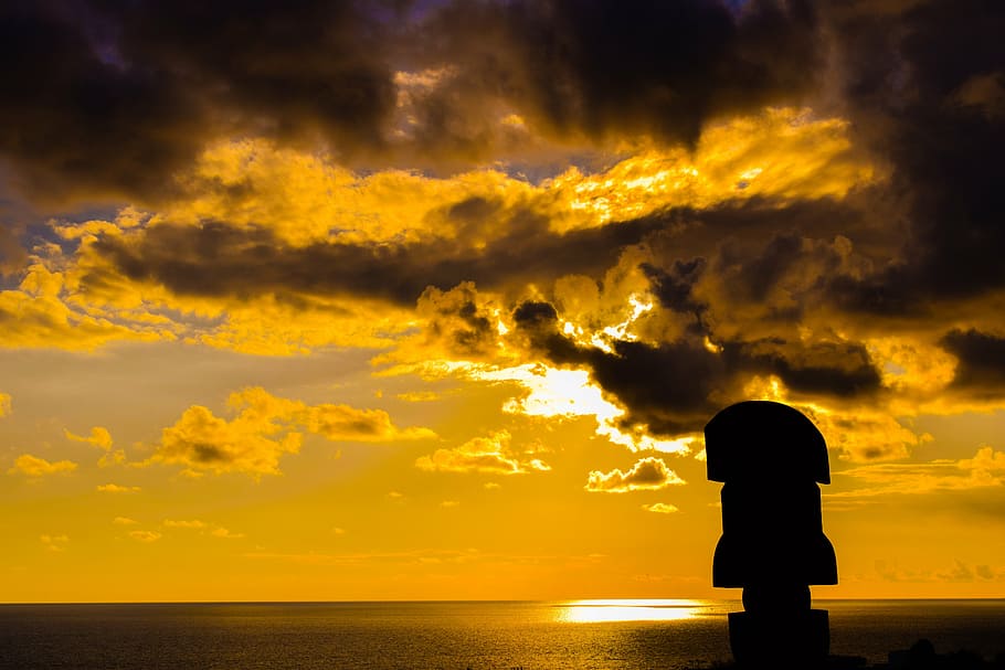 sunset, sunset colors, sky, clouds, sculpture, sculpture park HD wallpaper