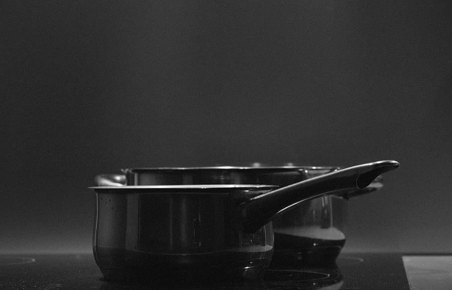 black, black-and-white, cooking, cooking pots, cooking utensils, HD wallpaper