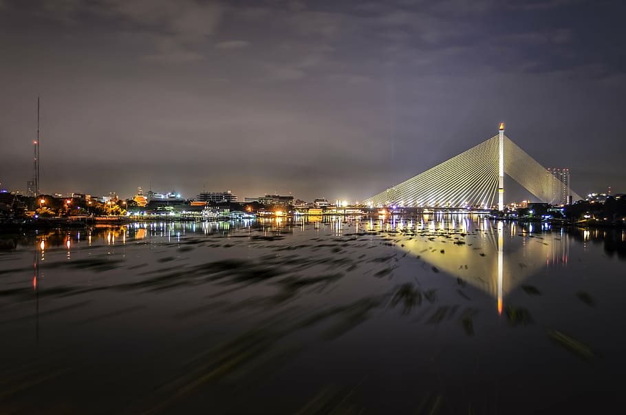 time-lapse photography of city lights, bangkok, bridge, river HD wallpaper