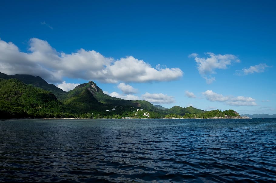 sea, island, clouds, coast, blue, holiday, water, mountain HD wallpaper