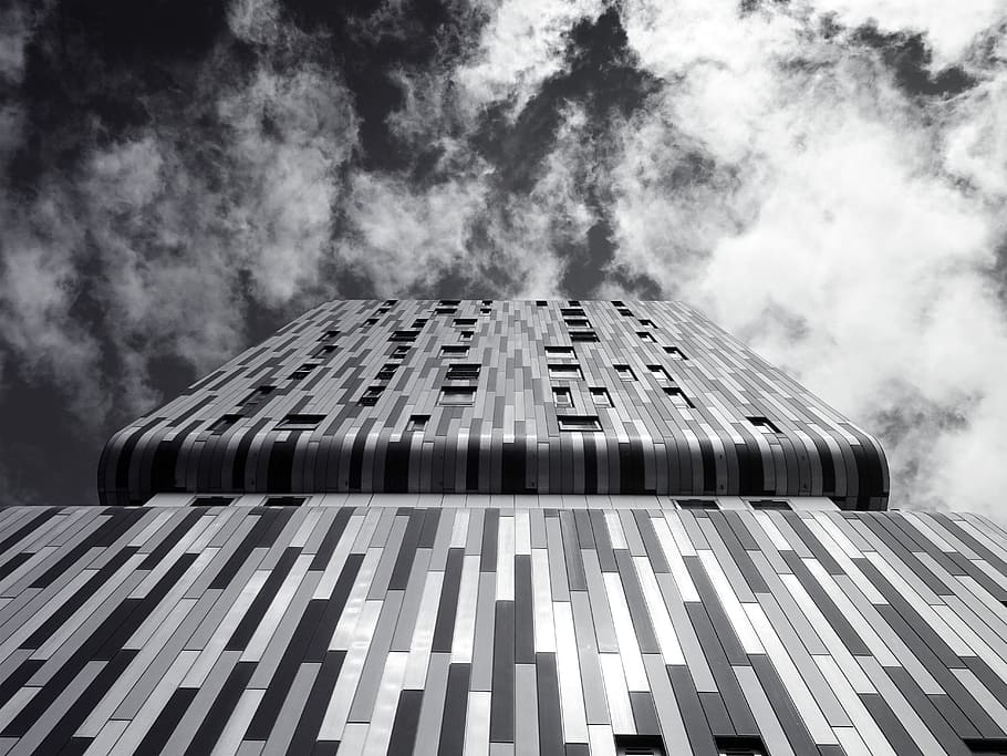 black-and-white, sky, clouds, building, architectural design HD wallpaper