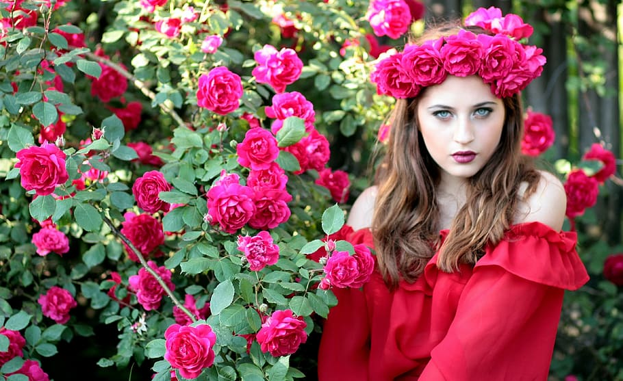 Online Crop Hd Wallpaper Woman Wearing Red Off Shoulder Top And Red Rose Headband During