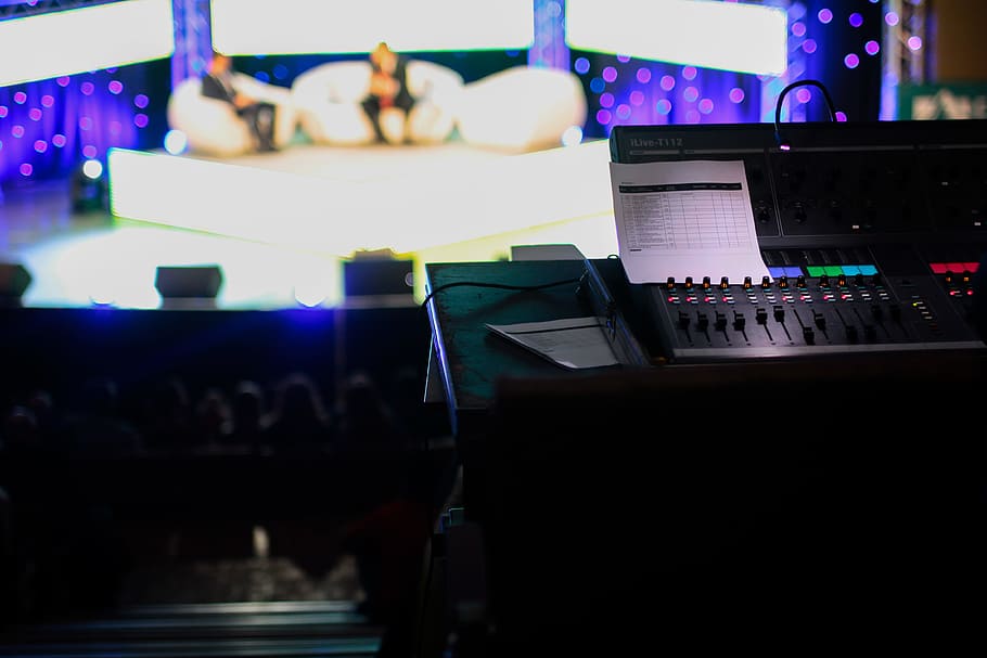 bokeh shot of black audio mixer, black mixing console, front HD wallpaper