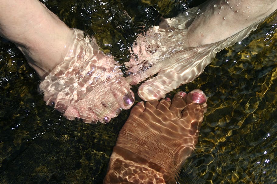 three person's foot on water photography, feet, refreshing HD wallpaper